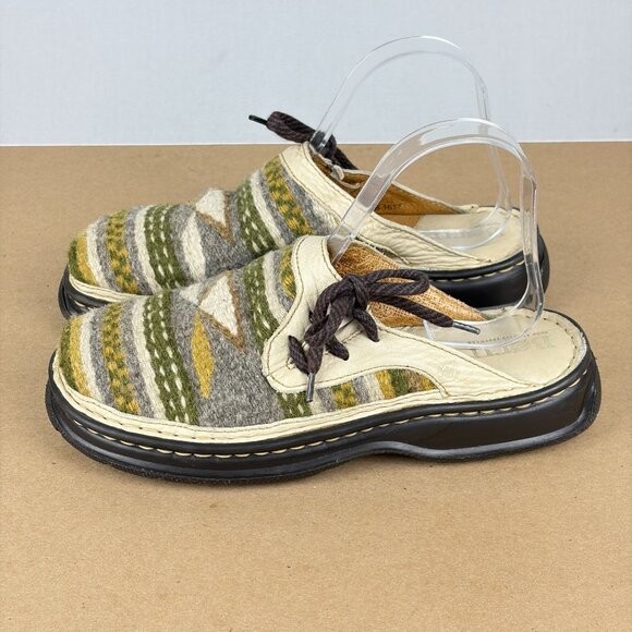 Born Aztec Wool Leather Mules Womens 7 Green Gray Cream Slip On Casual Comfort - Picture 11 of 11